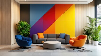 Wall Mural - Modern Lobby with Vibrant Geometric Wall Art