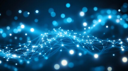 A blockchain network concept with a big data visualization. An image of cyber security behind it. Distributed register technology, with a background of lines, circles, and particles.