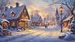 © YanabY - Charming snow-covered village in winter with festive lights and a serene atmosphere at dusk