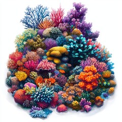 Wall Mural - Underwater Paradise - Vibrant Coral Reef Ecosystem Digital Painting on White Background