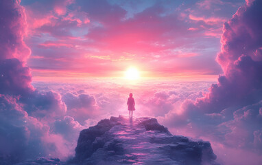 Sticker - A person stands on a rocky path above the clouds, gazing at a vibrant pink and purple sunset, creating a dreamlike and serene atmosphere.