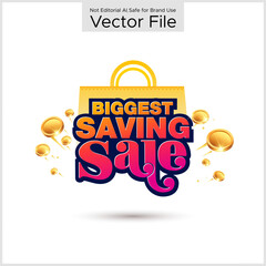 Wall Mural - Biggest saving sale offer logo design with golden coins and shopping bag background. Indian festive sale offer on Navratri, Diwali and Dhanteras festival.