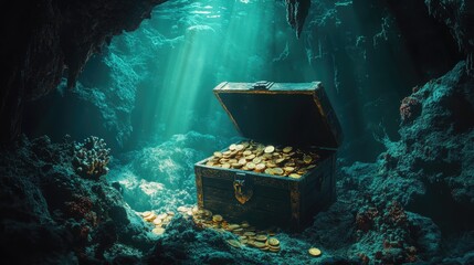 Wall Mural - A treasure chest with gleaming gold coins and jewels underwater, nestled among coral in a dark, ancient cave, with light filtering through.