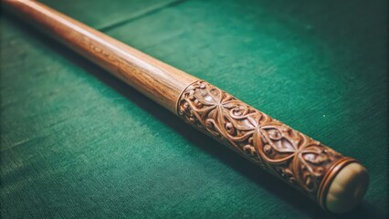 Poster - Carved Wooden Staff with Intricate Floral Design on Green Surface