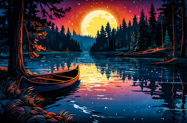 The full moon’s focused beam creates a shimmering, silver path on the river’s surface, leading the lone canoeist through the dark forest minimalist vector art illustration images
