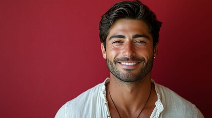 Wall Mural - Portrait of a Smiling Man with a White Shirt and a Red Background