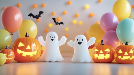 Festive Halloween scene with cheerful ghosts, glowing pumpkins, colorful balloons, and playful bats, capturing joyful seasonal spirit.