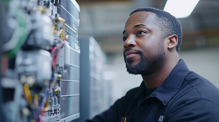 A technician inspecting the wiring and components of an industrial machine