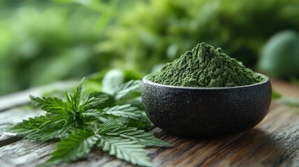 Green powder in a black bowl with green leaves on a wooden surface.