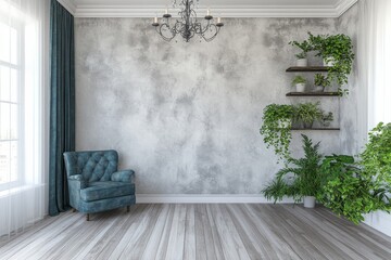 Wall Mural - 3D rendering of a modern living room with a modern armchair and wall unit.