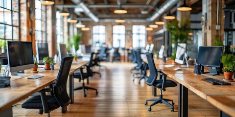 Wall Mural - Open plan modern office space with rows of desks, computers, and ergonomic chairs, featuring large windows, natural lighting, and industrial-style decor