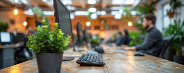 Wall Mural - A modern, open-plan office with wooden desks adorned with green plants, computer monitors, and soft, ambient lighting, showcasing a collaborative workspace