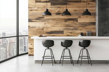 Poster - The interior of a home kitchen includes a bar counter and kitchen cabinet, as well as stairs and a window