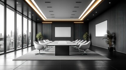 Wall Mural - Modern conference room with a long table, white chairs, and large windows overlooking a city skyline.