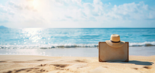 A suitcase is sitting on the beach next to the ocean