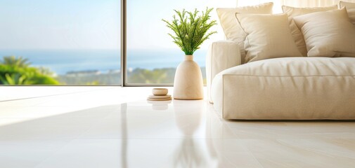 Poster - A white couch is in front of a window with a view of the ocean