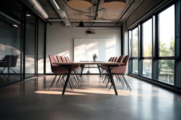 Wall Mural - This mockup shows a meeting room with a long table and sofa, a panoramic window, and a mockup wall.