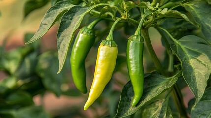 Close-up of three green and yellow chili peppers growing on a plant with green leaves.