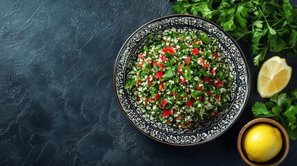 A bowl of traditional tabbouleh salad with fresh parsley, red pepper and lemon wedges on a dark background.