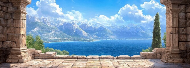 A breathtaking view of serene ocean waters framed by ancient stone structures and majestic mountains under a clear blue sky.