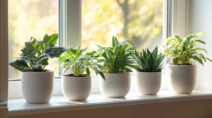 Wall Mural - Five potted plants on a windowsill with a blurred background