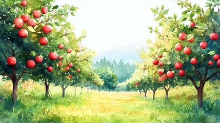 Wall Mural - Watercolor Painting of Apple Orchard in Summer