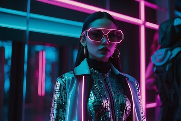 Woman modelling in retro style outfit with sunglasses on neon style background