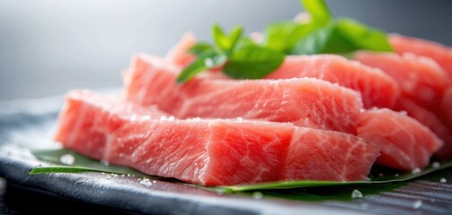 A plate of sliced red meat with green leaves on top