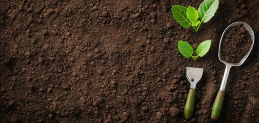 A shovel and a spoon are on the ground next to a plant