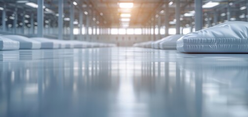 Poster - A warehouse with a lot of white bags and pillows