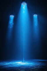 Wall Mural - Three blue spotlights illuminate a pole on a dark stage, creating a dramatic and mysterious atmosphere.