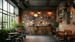 © wiwat apisithpinyo - Industrial Chic Cafe Interior with Brick Walls  Bar Stools  and Vintage Bikes