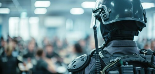 A man in a black helmet stands in front of a crowd of people