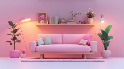 Canvas Print - A Pink Living Room with a Sofa, Plants, and Lamps