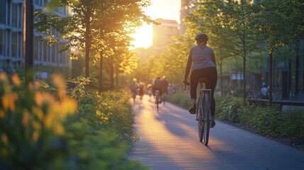 Woman Cycling on a Path at Sunset