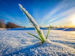 Wall Mural - Frosted winter landscape featuring a lone blade of green grass piercing through a blanket of pristine white snow,