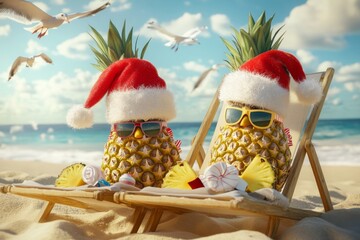 two pineapples, dressed in santa hats and sunglasses, relaxing on a beach chair, surrounded by beach towels, sunscreen, and a few seagulls flying overhead