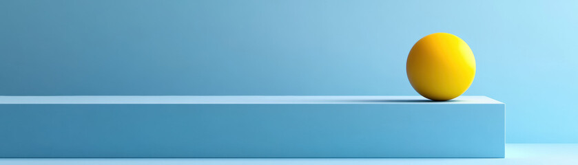 Wall Mural - minimalist scene with a yellow sphere on a light blue rectangular block. modern abstract balance and
