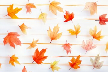 Wall Mural - watercolor illustration of autumn leaves in shades of orange, yellow, and red, scattered across a white background with thin, hand-drawn stripes in a scandinavian bohemian style