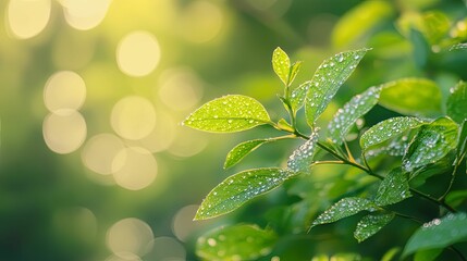 Wall Mural - Dew-Covered Green Leaves with Bokeh Background