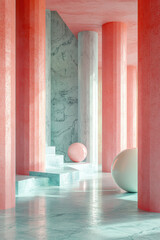 Wall Mural - modern abstract architectural scene with coral and turquoise columns, marble textures, and geometric