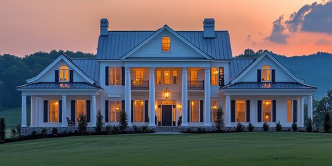 A stunning and exquisitely designed classical-style mansion with multiple illuminated windows at sunset, set against a picturesque mountainous background