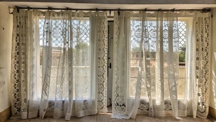 Sticker - White Lace Curtains Flowing in the Breeze