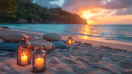 Wall Mural - A beach scene with candles lit on the sand