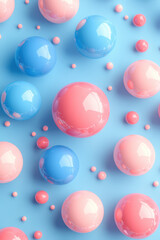 Wall Mural - colorful glossy spheres of various sizes float on a pastel blue background, creating a playful and c