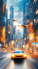 Sticker - Futuristic Cityscape with Flying Cars and a Yellow Sports Car.