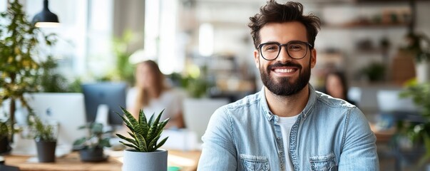 Wall Mural - A young man with glasses and a beard, wearing a denim shirt, smiles while working from a modern, plant-filled office workspace