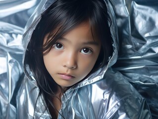 Silver background sad Asian child Portrait of young beautiful in a bad mood child Isolated on Background, depression anxiety fear burn out health issue problem