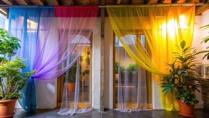 Two Doors Adorned with Colorful Sheer Curtains and Plants