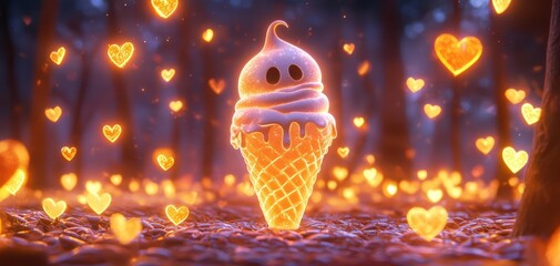 Ghost-shaped ice cream, heart candies, spooky forest, 3D illustration